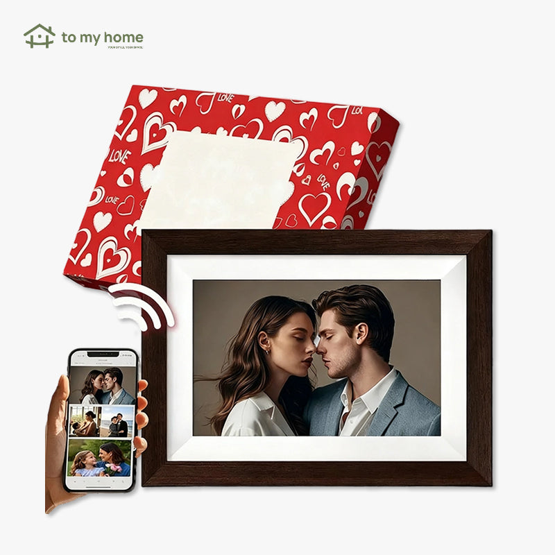 Porta-Retratos Digital Frameo 25.7cm com Moldura de Madeira, Fácil Instalação e Memória de 32GB para Fotos, memórias vivas e especiais