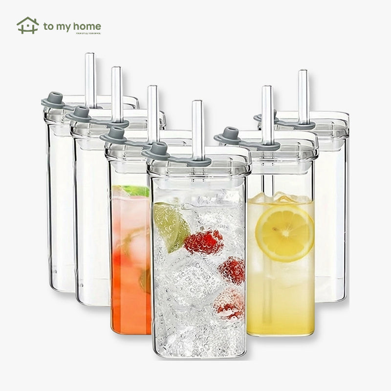 Conjunto de 4 Copos Tumbler Quadrados de Vidro 385ml, com Tampa de Plástico e Canudos de Vidro para Bebidas elegantemente modernos