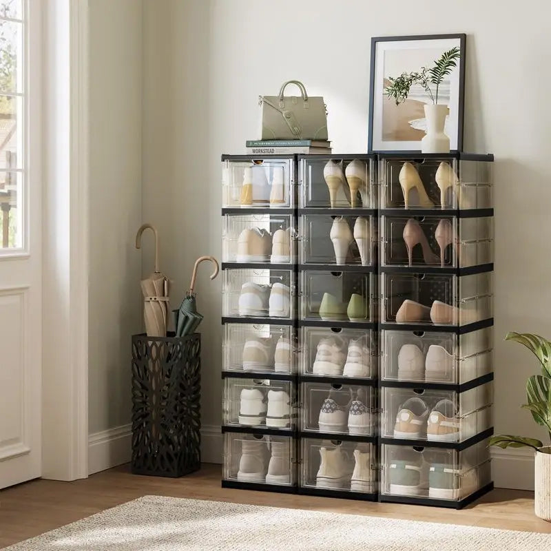 Caixas Organizadoras Dobráveis e Empilháveis para Sapatos em Plástico PP Transparente, Suportam Até o Tamanho 13 EUA visibilidade total