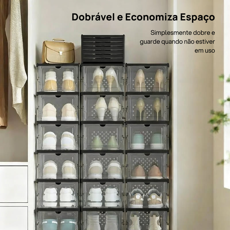 Caixas Organizadoras Dobráveis e Empilháveis para Sapatos em Plástico PP Transparente, Suportam Até o Tamanho 13 EUA visibilidade total