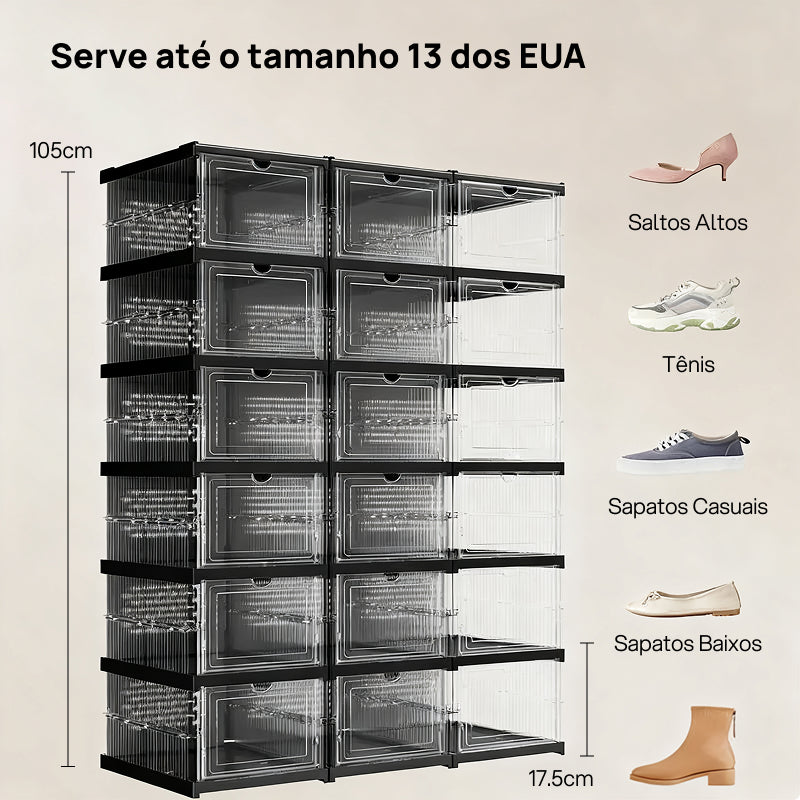 Caixas Organizadoras Dobráveis e Empilháveis para Sapatos em Plástico PP Transparente, Suportam Até o Tamanho 13 EUA visibilidade total