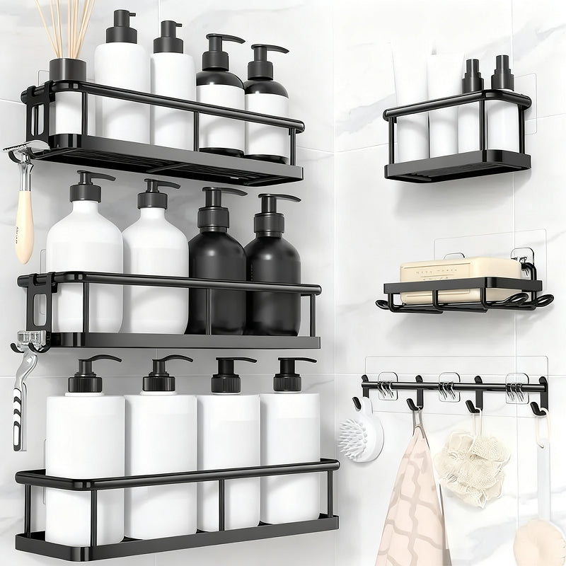 Organizador de Chuveiro 5 Peças Preto com Prateleiras e Ganchos Removíveis, Instalação Fácil sem Necessidade de Perfuração banheiro arrumado