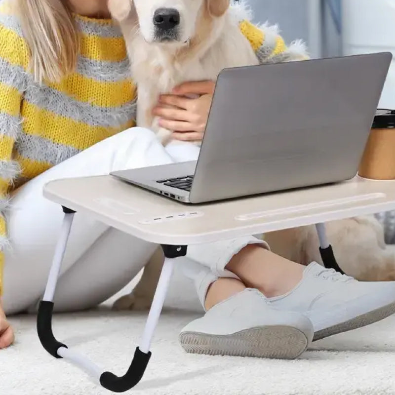 Mesa Portátil e Dobrável para Laptop com 4 Portas USB, Gaveta de Armazenamento e Suporte para Copos no Sofá ou Cama conforto produtivo