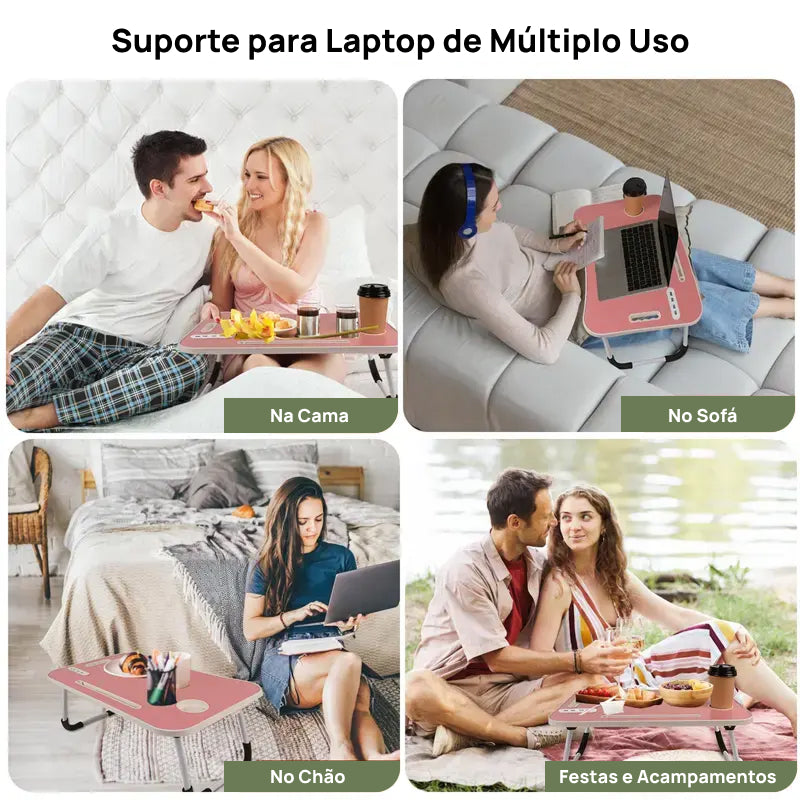 Mesa Portátil e Dobrável para Laptop com 4 Portas USB, Gaveta de Armazenamento e Suporte para Copos no Sofá ou Cama conforto produtivo