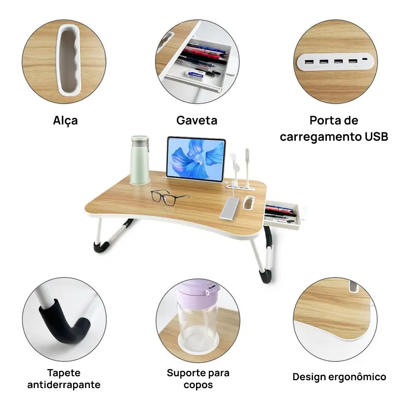 Mesa Portátil e Dobrável para Laptop com 4 Portas USB, Gaveta de Armazenamento e Suporte para Copos no Sofá ou Cama conforto produtivo