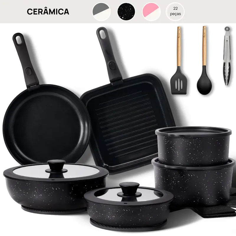 Conjunto Completo de 22 Peças de Panela Cerâmica Antiaderente, Compatível com Indução e com Alças Destacáveis cozinha saudável